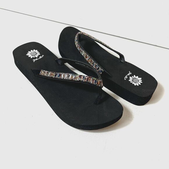 Yellow Box Flip Flops Black Sequined Thong Leather Sandals Women's 11 Zemily New - Picture 3 of 6
